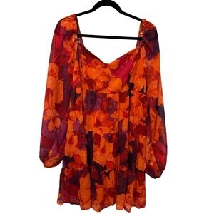Flying Tomato Orange Floral Metallic Clip Dot Tiered Mini Dress Sweetheart Large